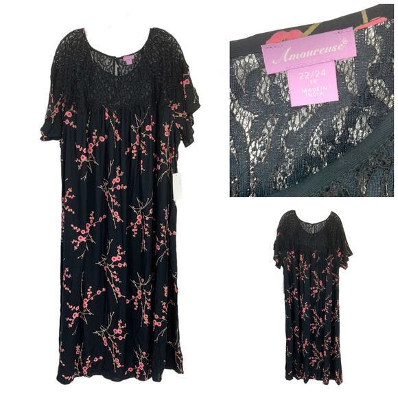 New Amoureuse Plus Sz 22/24 1X Black Floral Nightgown Gown Full Length NWT - Picture 1 of 5